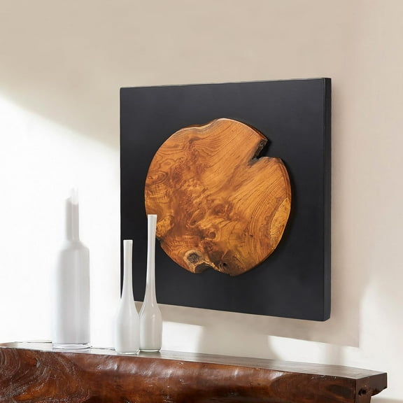 Warmaxx Rustic Teak Wood Square Wall Art Decoration 17''x17 Farmhouse Live Edge Wall Art Décor for Home Living Room Bedroom Office Handcrafted Wooden Round Design Wall Décor