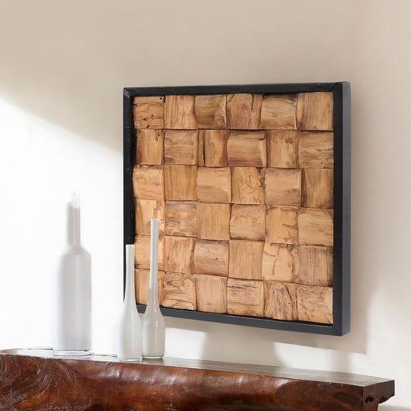 Warmaxx Rustic Teak Wood Wall Art Decor 17''x17 Farmhouse Framed Wall Décor for Home Living Room Bedroom Office Handcrafted Carved Natural Wooden Bricks Square Cube Pattern Wall Décoration