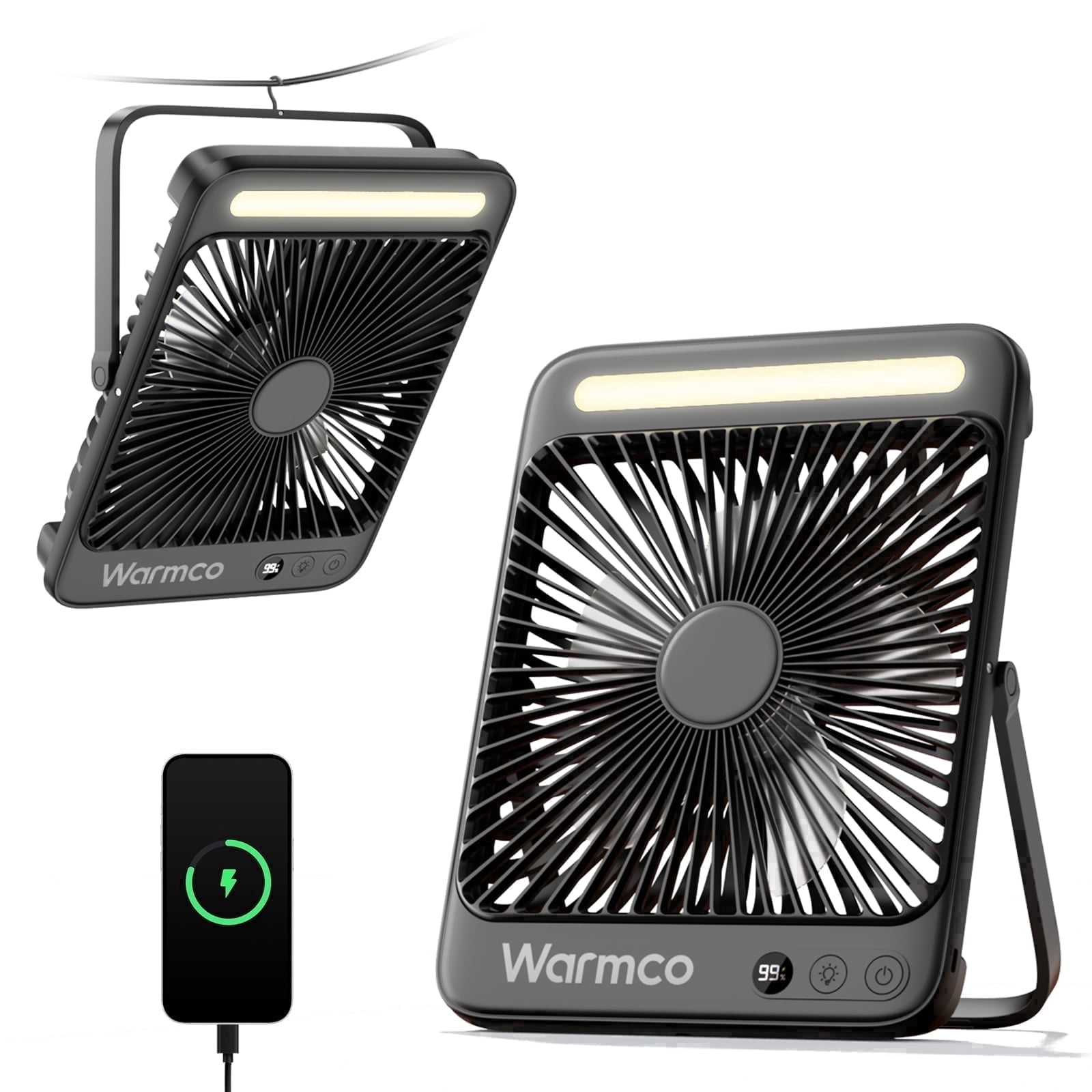 Warmco 20000mAh Rechargeable 8-Inch Camping Fan with LED Lantern and Hook, Black