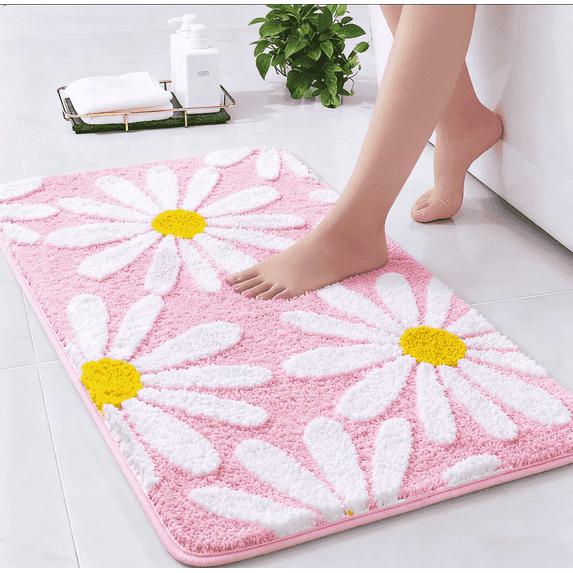 Evlmd Bathroom Rugs Non Slip Washable, Pink Large Bath Mats for Bathroom Floor, Soft Cute Daisy, Shaggy Soft and Absorbent, Thick Plush Shower Bath Rug Runner Decor, 16" X 24"