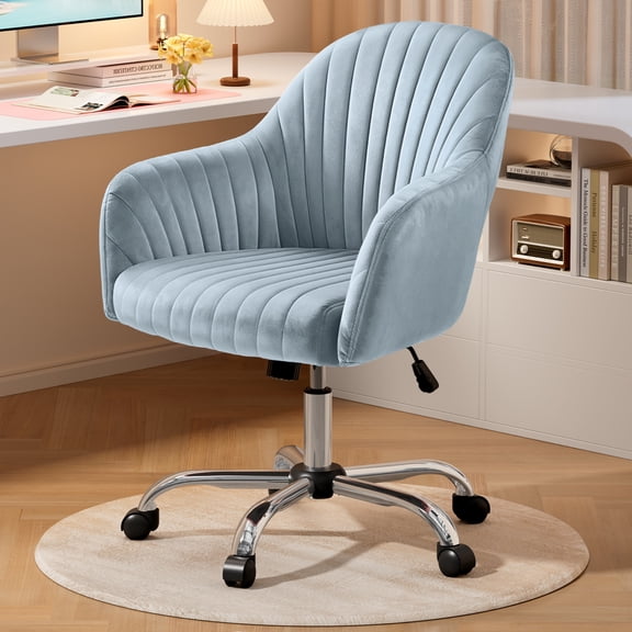 WarmieHomy Office Desk Chair, Velvet Vanity Chair, Comfy Home Office Computer Task Chair, Height Adjustable Rolling Chair with Thick Padded Seat, Dusk Blue