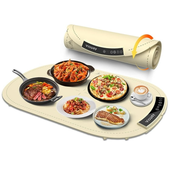 Warming Mat for Food, Food Warming Mat, Electric Warming Tray with 7 Temperature Settings and 4 Hours Timer, Heating Fastly in 10s, Portable Food Warmers for Buffets Party, Family Gatherings (Beige)