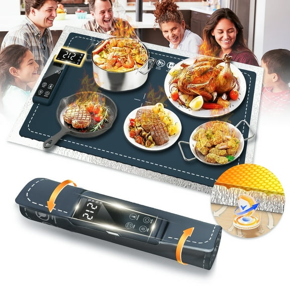 Warming Mat for Food,Portable Electric Warming Tray with 6-Level Adjustable Temperature & 5 Time Settings,Digital Screen Display,Food Warmer Includes Heat Pad,Ideal for Home,Travel Gathering- Blue