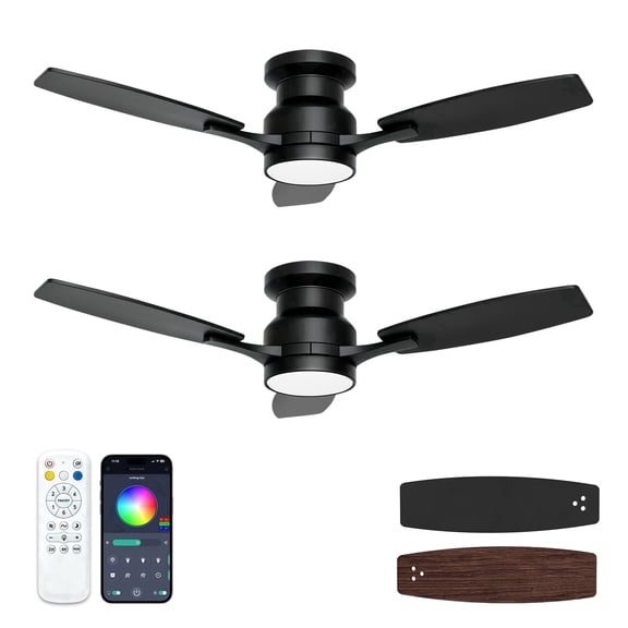 Warmiplanet 42" 2-Pack Modern Flush Mount Ceiling Fan with Light, Remote & APP Control, 3 CCT + RGB, Black, 6 Speeds