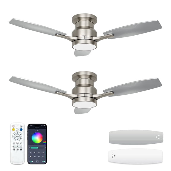 Warmiplanet 42" 2-Pack Modern Flush Mount Ceiling Fan with Light, Remote & APP Control, 3 CCT + RGB, Sand Nickel, 6 Speeds