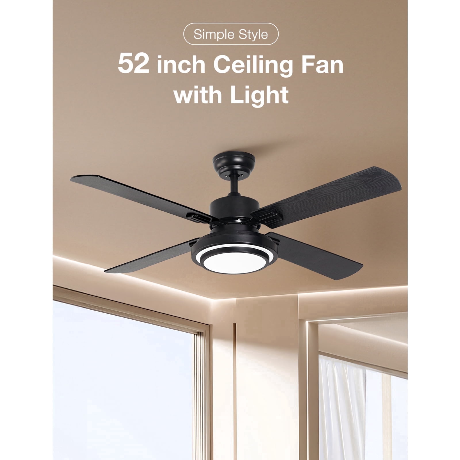 Warmiplanet 52" Modern Ceiling Fan with Light & Remote, Black, Dual-Color Blades , 3 Speeds, 3-Color Light, Reversible, Timer