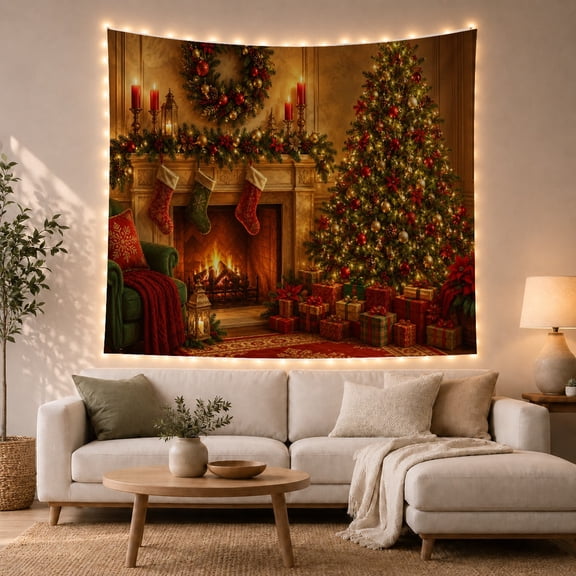 Warmly Indoor Stone with Fireplace Glowing Fire Garland, Mystical Fantasy for Space Lovers, Galaxy Room Decor, Christmas Gift, Tapestry Wall Hanging for Bedroom and Dorm