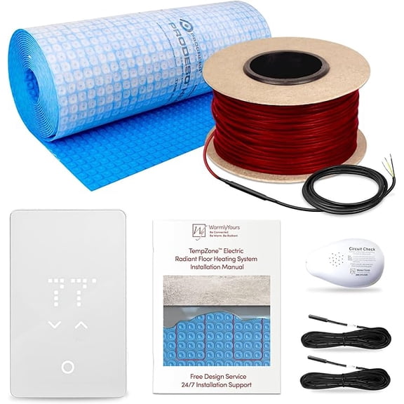 WarmlyYours Heated Floor System Cable Kit 56 sqft, Radiant Electric Floor Heating System Cable 120V, Anti-Crack Membrane for Tile, Dual Sensors LED Thermostat, Install Tester