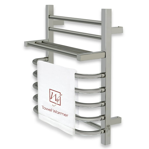Maui Electric Bath Towel Warmer Rack with Integrated Non-Heated Storage Shelf, Polished, Wall mountable, Hardwired, Silver