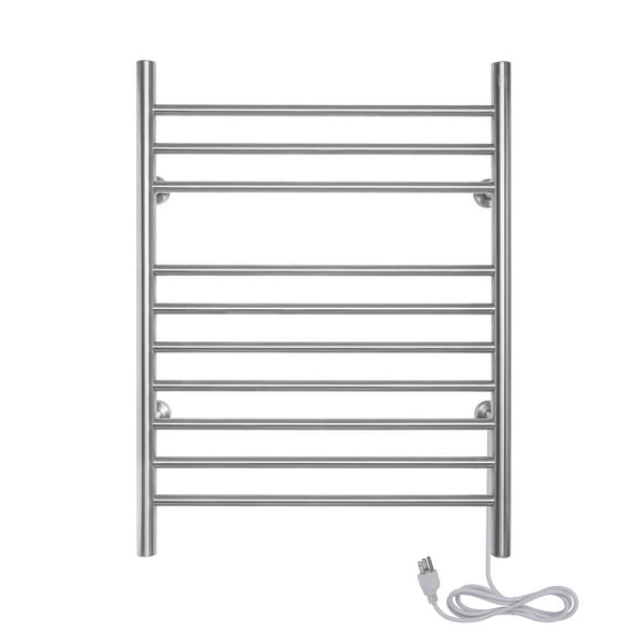 Heated Towel Rack, 10-Bar Wall-Mounted Electric Towel Warmer, Brushed Stainless Steel, Plug-in or Hardwired, Luxury Bathroom Accessory for Warm, Dry Towels.