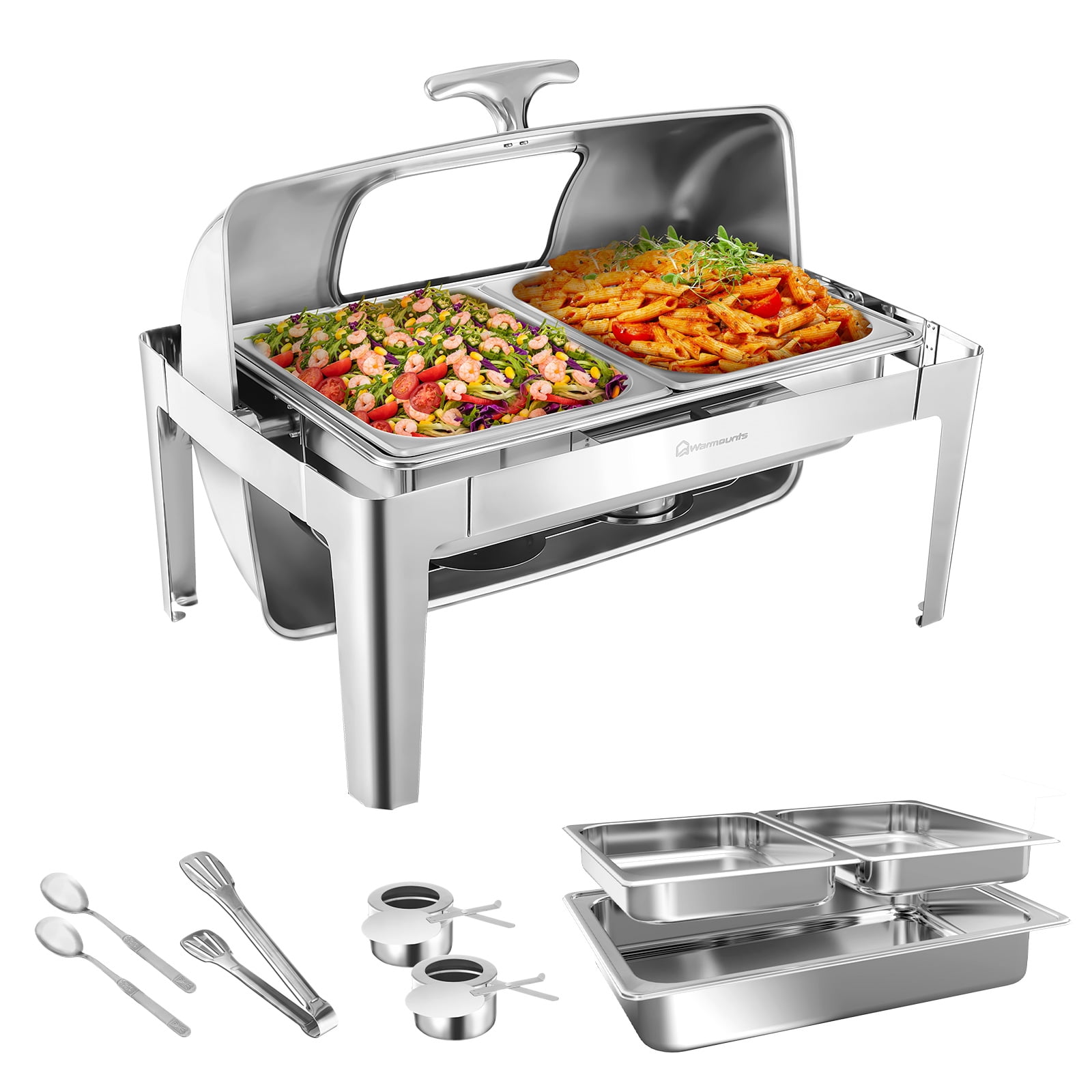 Warmounts 9QT Rectangular Chafing Dish Buffet Set, Stainless Steel Roll