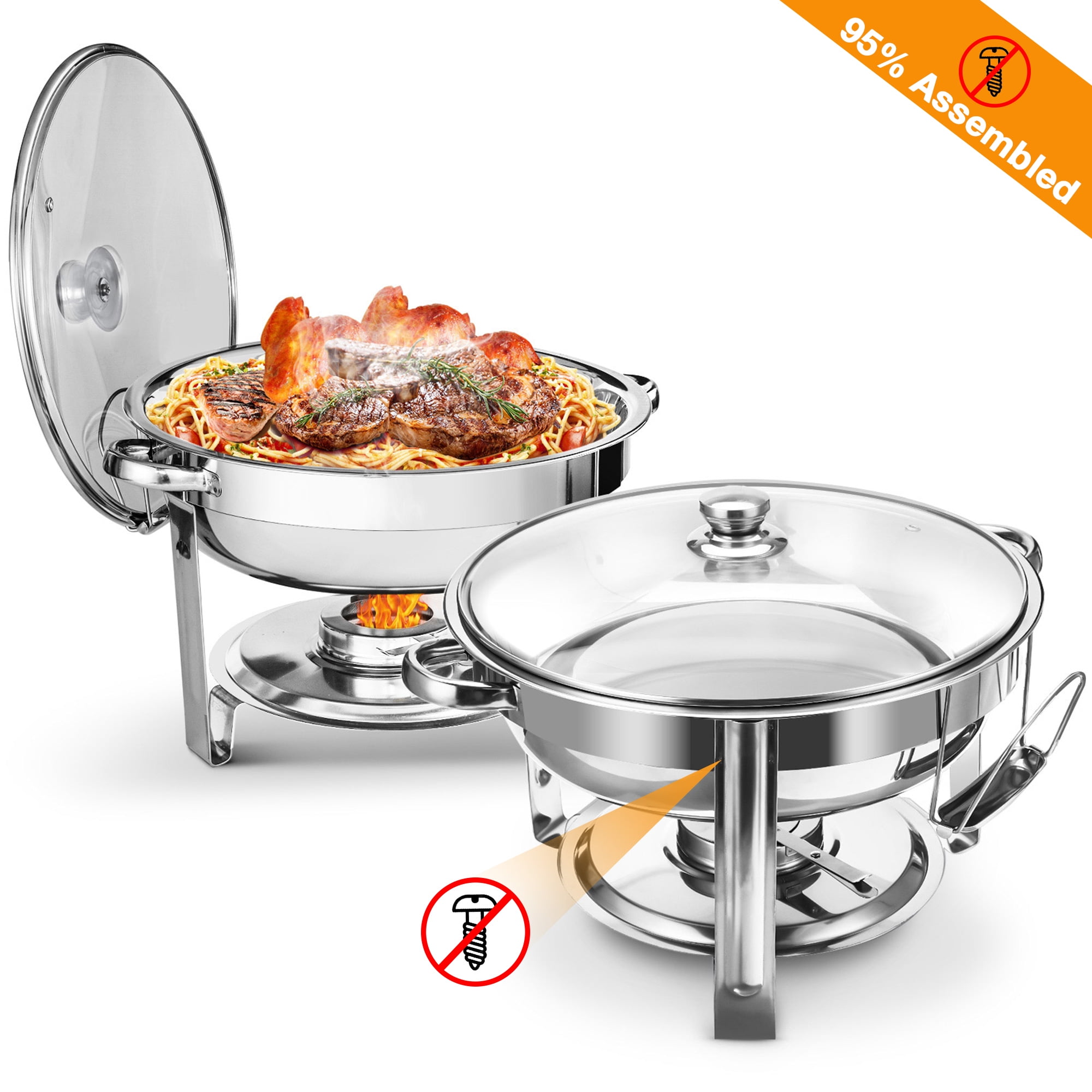 WARMOUNTS Round Chafing Dish Buffet Set 2 Pack, 5QT Buffet Chafe Warmer Set, Polished Stainless Steel Chafing Dish for Buffet with Glass Lid & Holder for Party Events, No Finger Cuts