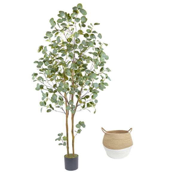 Warmplants 6ft Artificial Eucalyptus Tree, Fake Eucalyptus Plant with Woven Basket, Green Silver Dollars Faux Tree for Indoor Home Office Livingroom Decor