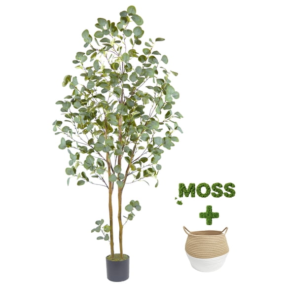 Warmplants 6ft Artificial Eucalyptus Tree, Fake Eucalyptus Plant with Woven Basket, Green Silver Dollars Faux Tree for Indoor Home Office Livingroom Decor