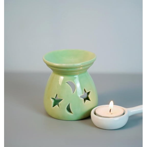 Warmself Ceramic Essential Oil Burner Tealight Candle Holder Decorative Aroma Diffuser Green Stars and Moon