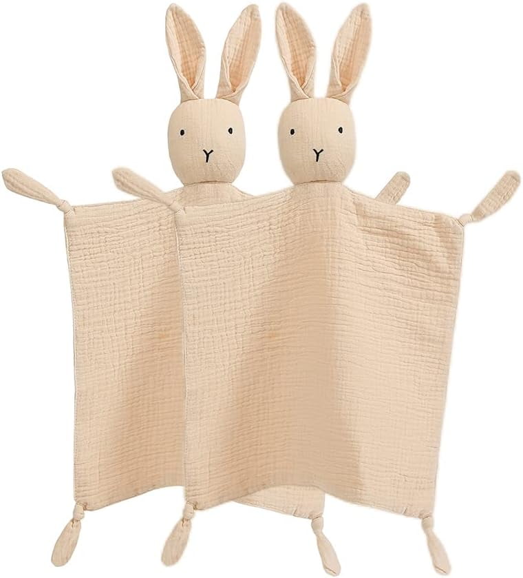 Warmself Lovey Security Blanket 100% Organic Muslin Stuffed Bunny Animal Baby Blankie-2 Pack Beige