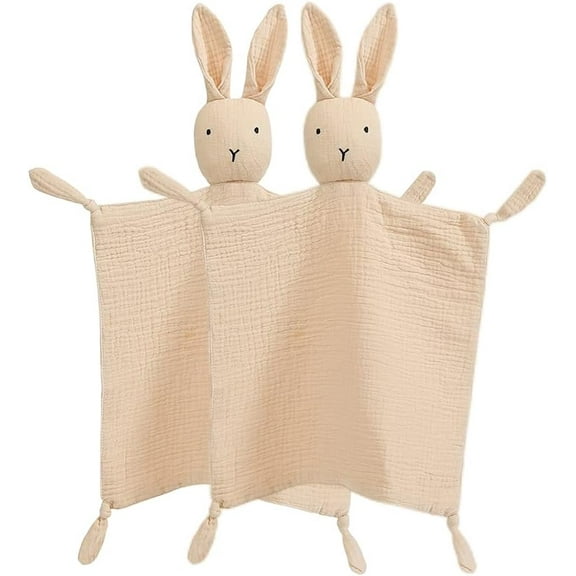 Warmself Lovey Security Blanket 100% Organic Muslin Stuffed Bunny Animal Baby Blankie-2 Pack Beige