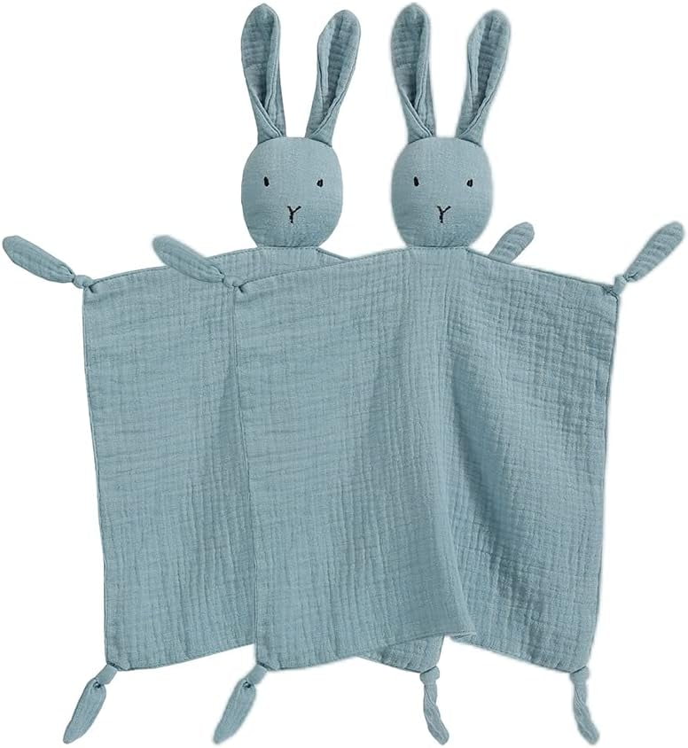 Warmself Lovey Security Blanket 100% Organic Muslin Stuffed Bunny Animal Baby Blankie-2 Pack Blue