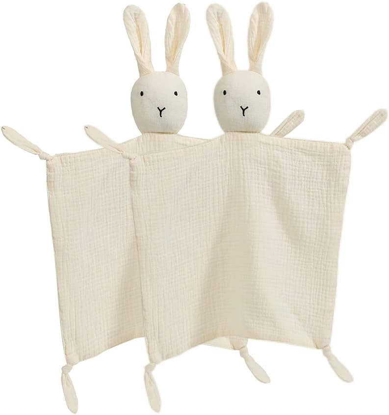 Warmself Lovey Security Blanket 100% Organic Muslin Stuffed Bunny Animal Baby Blankie-2 Pack White