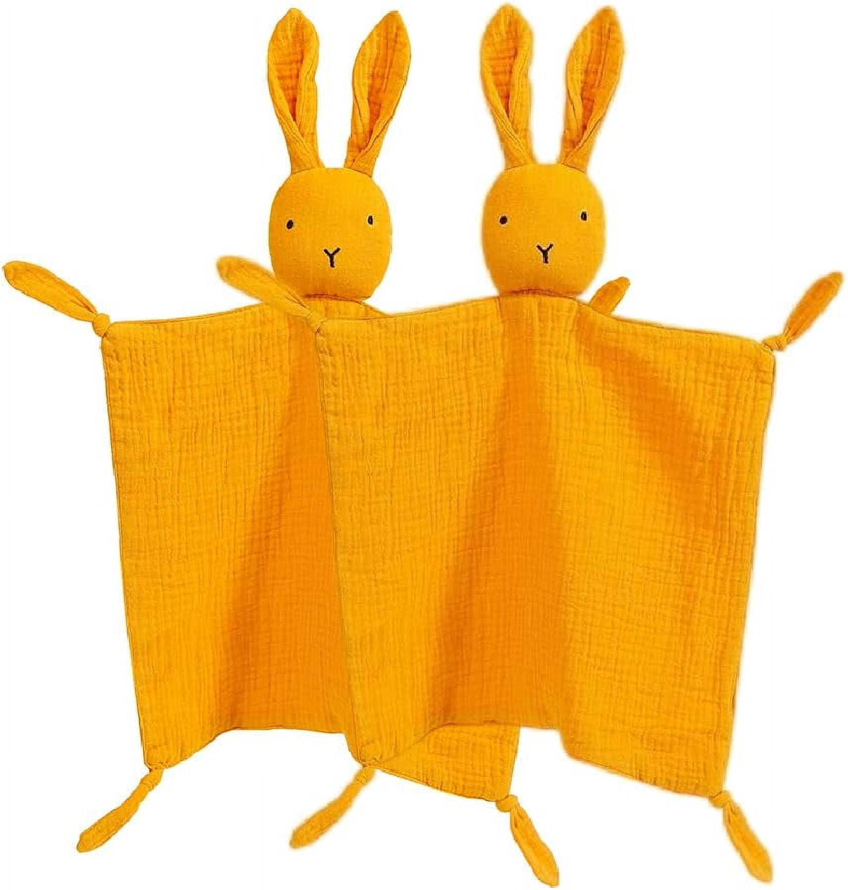 Warmself Lovey Security Blanket 100% Organic Muslin Stuffed Bunny Animal Baby Blankie-2 Pack Yellow