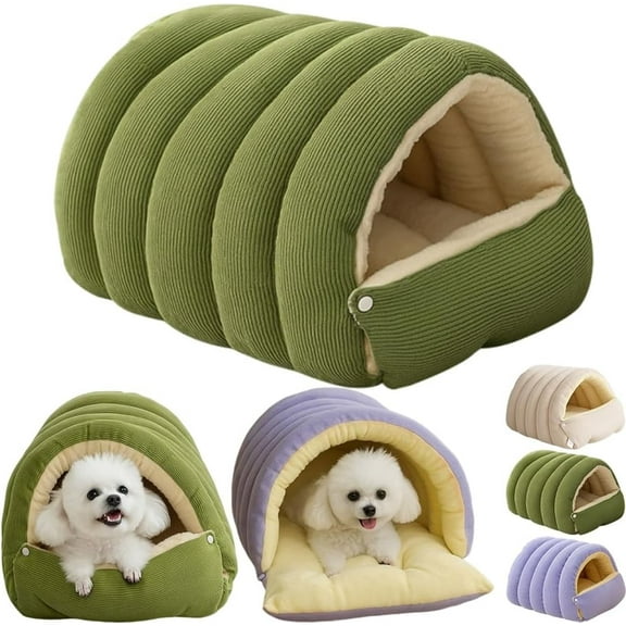 Warmth Cozy Comfort Plush Pet Cave, 2-in-1 Cozy Monster Cat Bed with Removable Cushion, Warm Nest Sleeping Bed Puppy House for Indoor Cats Small Dogs, Foldable Burrow Dog Sleeping Bag(Green,S)