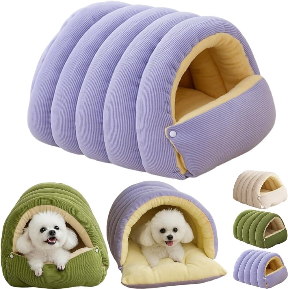 Warmth Cozy Comfort Plush Pet Cave, 2-in-1 Cozy Monster Cat Bed with Removable Cushion, Warm Nest Sleeping Bed Puppy House for Indoor Cats Small Dogs, Foldable Burrow Dog Sleeping Bag(Purple,L)