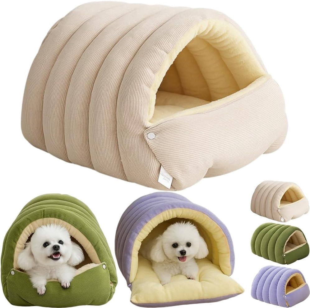 Warmth Cozy Comfort Plush Pet Cave, 2-in-1 Cozy Monster Cat Bed with Removable Cushion, Warm Nest Sleeping Bed Puppy House for Indoor Cats Small Dogs, Foldable Burrow Dog Sleeping Bag(Beige,S)