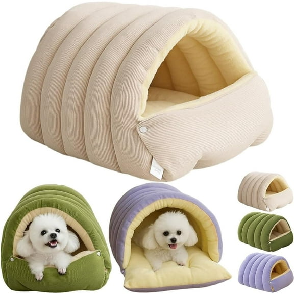 Warmth Cozy Comfort Plush Pet Cave, 2-in-1 Cozy Monster Cat Bed with Removable Cushion, Warm Nest Sleeping Bed Puppy House for Indoor Cats Small Dogs, Foldable Burrow Dog Sleeping Bag(Beige,L)