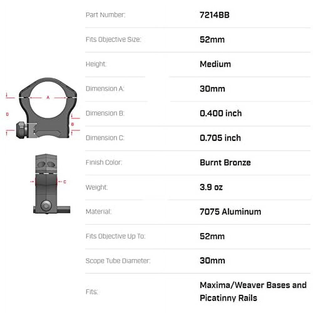 Warne Scope Mounts 7214BB Mountain Tech 30mm, Medium Burnt Bronze Rings, Multi, One Size