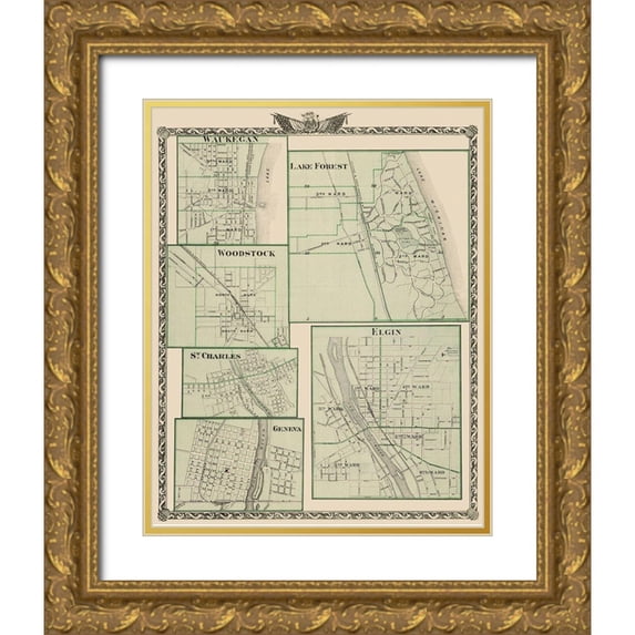 Warner 15x18 Gold Ornate Wood Framed with Double Matting Museum Art Print Titled - Waukegan, Lake Forest, Elgin, Woodstock, Illinois