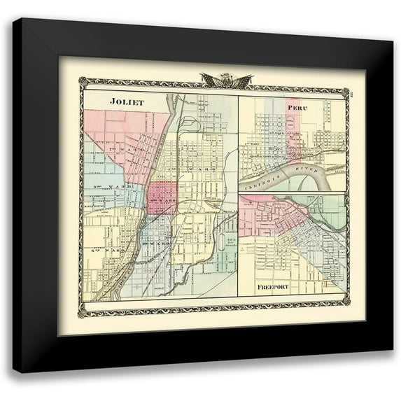 Warner 23x20 Black Modern Framed Museum Art Print Titled - Joliet, Peru, Freeport Illinois - Warner 1870