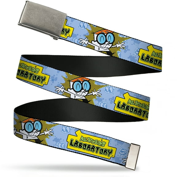 Adjustable Belt, Clamp Buckle, Cut-to-Fit, Dexters Laboratory Title Logo and Pose Blues Yellow Black