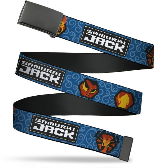 Adjustable Belt, Clamp Buckle, Cut-to-Fit, Samurai Jack Title Logo and Icons with Swirl Blues
