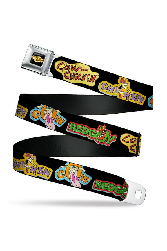 Cartoon Network Belt, Seatbelt Buckle Belt, Cow and Chicken Title Logo and Poses With Red Guy Black, Youth 22 to 32 Inches