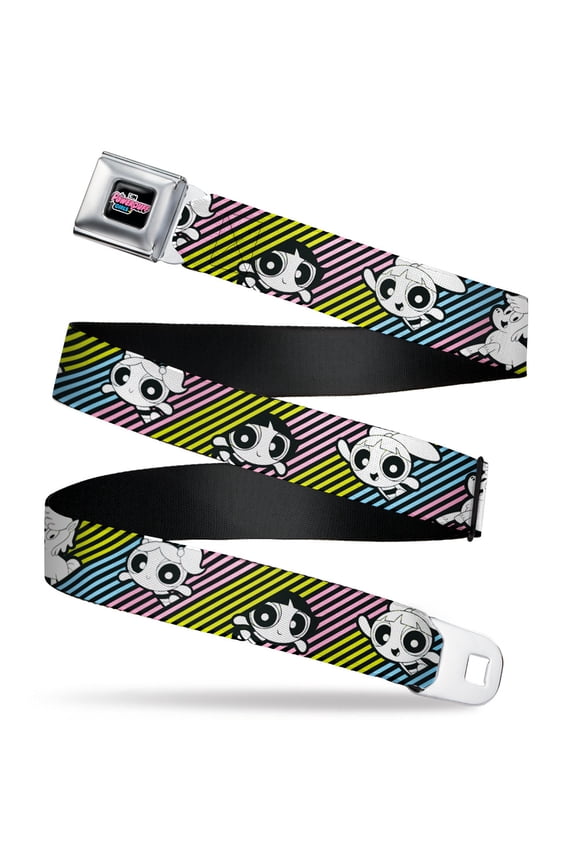 Warner Bros. Animation Belt, Seatbelt Buckle Belt, The Powerpuff Girls and Donny Stripe Black Multi Pastel, Youth 22 to 32 Inches