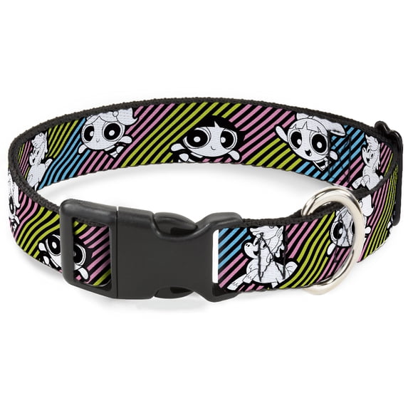 Warner Bros. Animation Pet Collar, Dog Collar Plastic Buckle, The Powerpuff Girls and Donny Stripe Black Multi Pastel, 8.5 to 12 Inches 0.5 Inch Wide