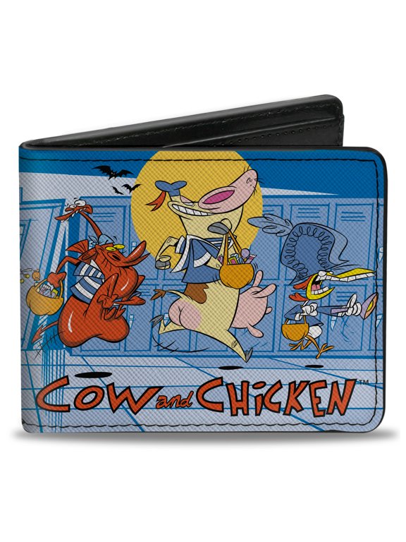 Warner Bros. Animation Wallet, Bifold, Cow and Chicken with Red Guy Running Pose and Title Logo Blue, Vegan Leather