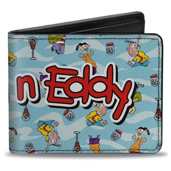 Warner Bros. Animation Wallet, Bifold, Ed Edd N Eddy Title Logo and Character Poses Scattered Blues, Vegan Leather