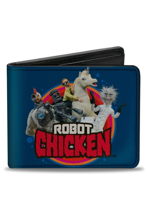 Warner Bros. Animation Wallet, Bifold, Robot Chicken Title Logo and Group Pose Blue, Vegan Leather