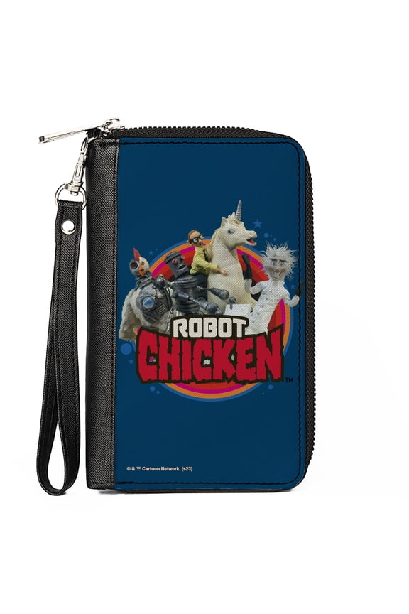 Warner Bros. Animation Wallet, Zip Around, Robot Chicken Title Logo and Group Pose Blue, Vegan Leather