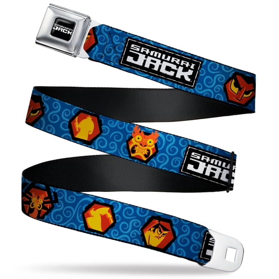 Cartoon NetworkBelt, Seatbelt Buckle Belt, Samurai Jack Title Logo and Icons with Swirl Blues, Youth 22 to 32 Inches