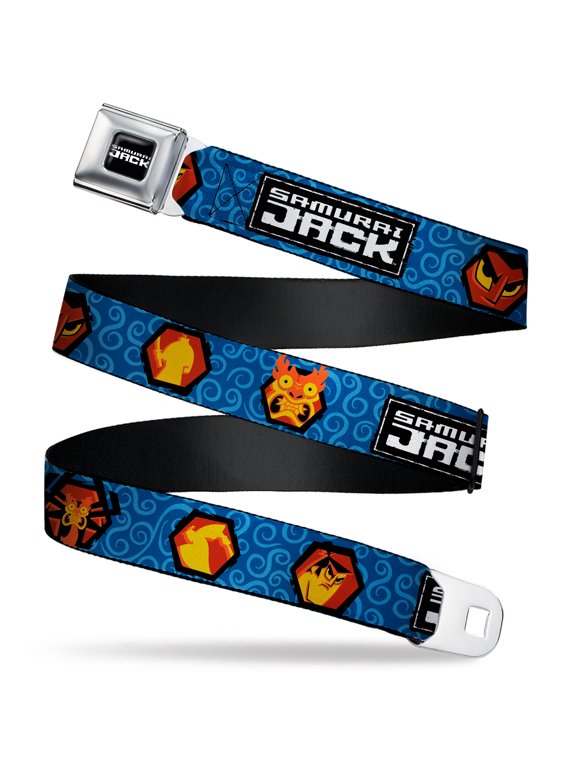 Cartoon NetworkBelt, Seatbelt Buckle Belt, Samurai Jack Title Logo and Icons with Swirl Blues, Youth 22 to 32 Inches