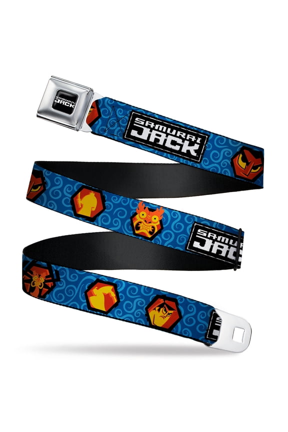 Cartoon NetworkBelt, Seatbelt Buckle Belt, Samurai Jack Title Logo and Icons with Swirl Blues, Youth 22 to 32 Inches