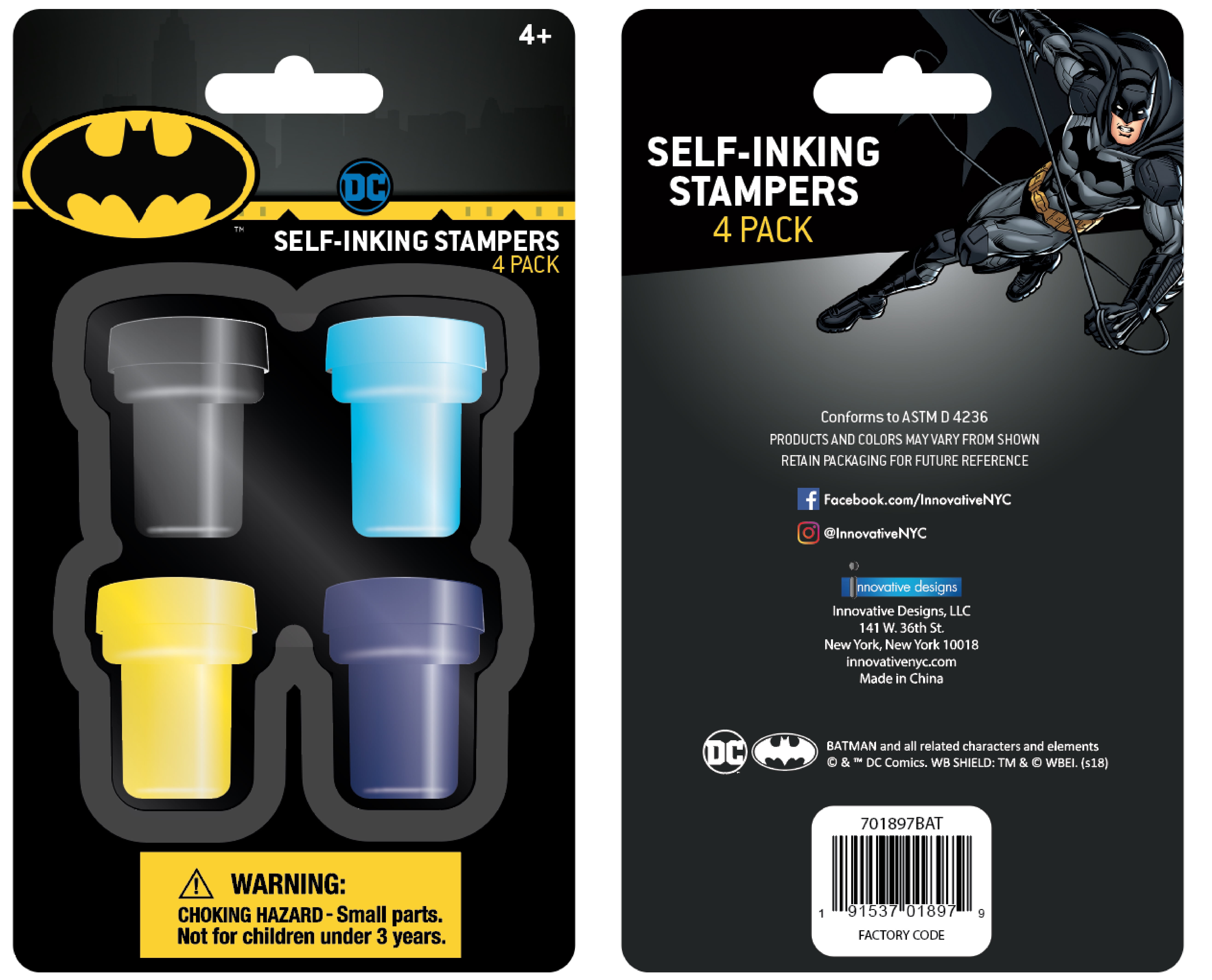Warner Bros. Batman Multicolor Plastic Self-Inking Stamper Party Favors, 4 Pieces