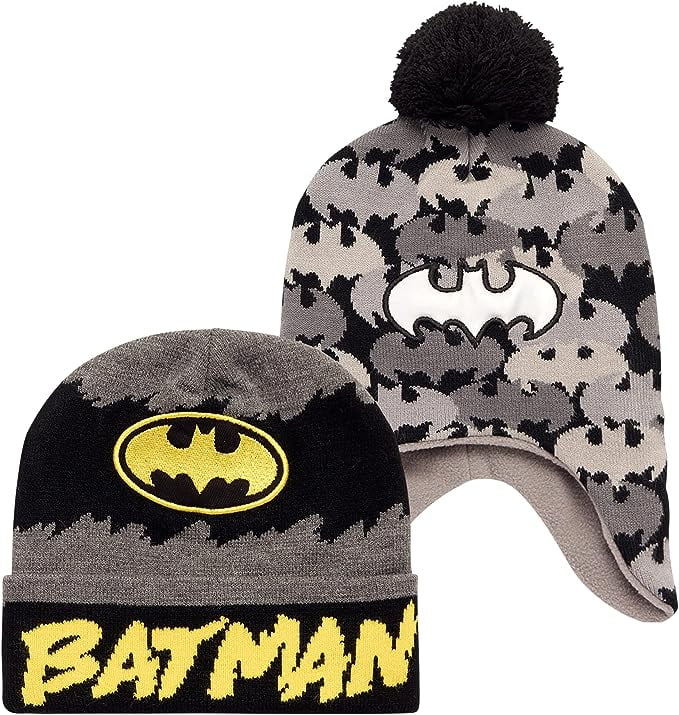 Warner Bros. Boys Batman Winter Hat 2 Pack Superhero Pom Pom