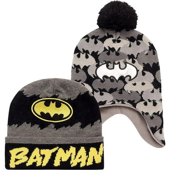 Warner Bros. Boys' Batman Winter Hat - 2 Pack Superhero Pom Pom Beanie with Ear Flaps