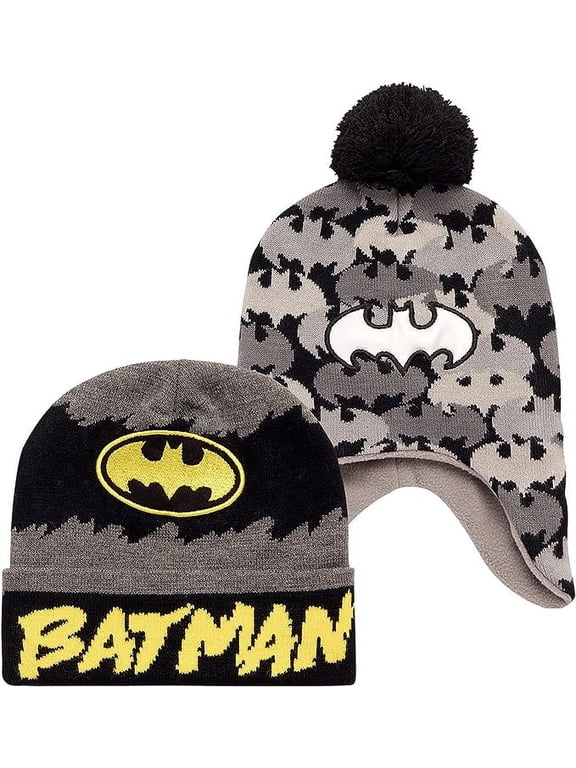 Boys' Batman Winter Hat - 2 Pack Superhero Pom Pom Beanie with Ear Flaps