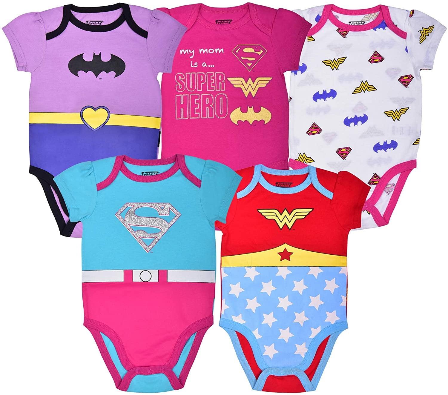 Warner Bros Girl's 5-Pack Justice League Shot Sleeve Baby Onesie Creepers