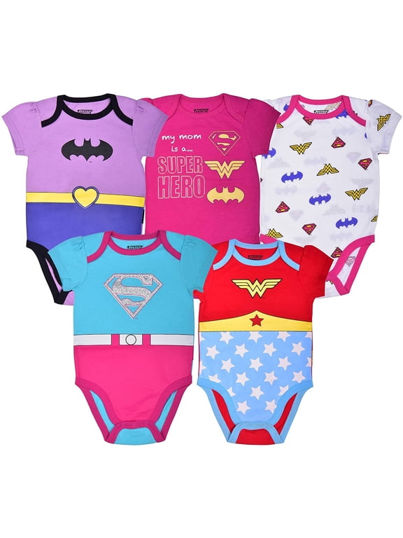 Warner Bros Girl's 5-Pack Justice League Shot Sleeve Baby Onesie Creepers