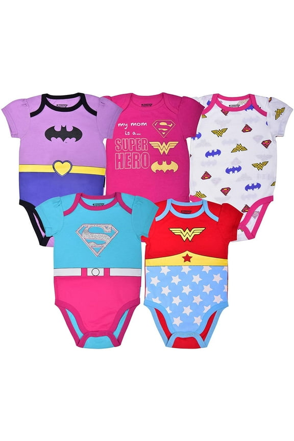 Warner Bros Girl's 5-Pack Justice League Shot Sleeve Baby Onesie Creepers